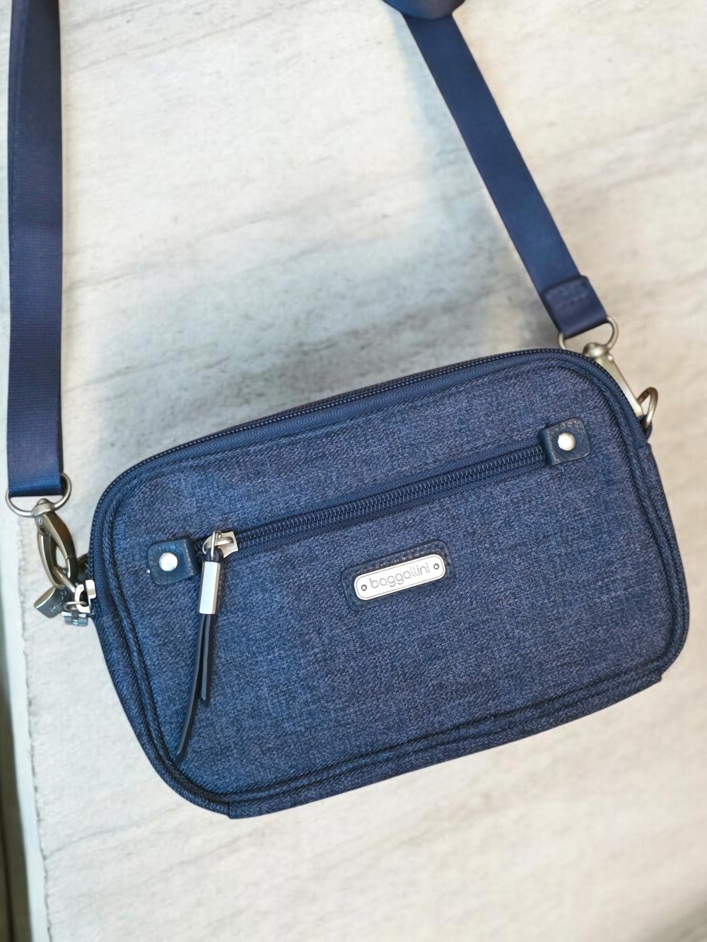 Baggallini Navy Blue Denim Crossbody Bag - Compact Everyday Carry - Picture 2 of 15